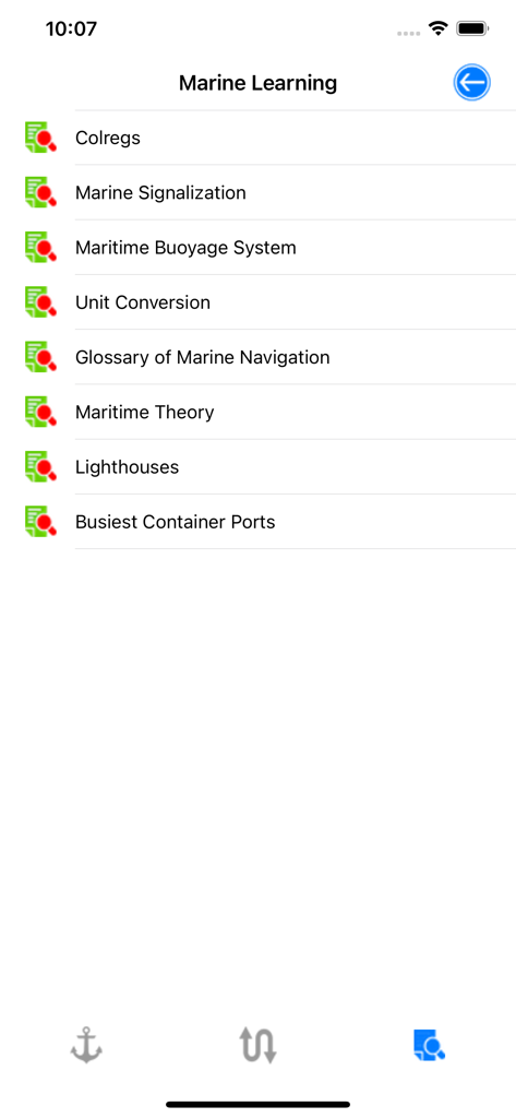Nautical Calculator Pro - The Marine Learning menu of the Nautical Calculator Pro app listing educational topics like Colregs and maritime theory.