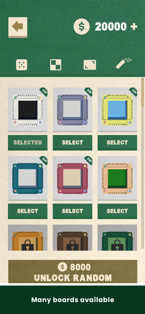 Shut The Box - Dice Board Game - Un menú que muestra múltiples diseños de mesa 3D coloridos para el juego de dados Shut The Box.