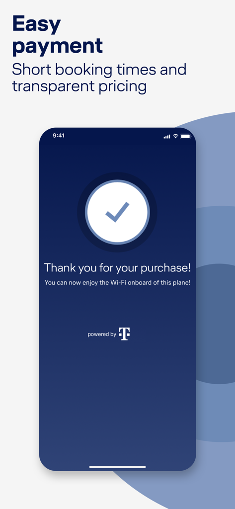 FlyNet - FlyNet App Kaufbestätigungsbildschirm, der eine erfolgreiche Zahlung für WLAN an Bord zeigt
