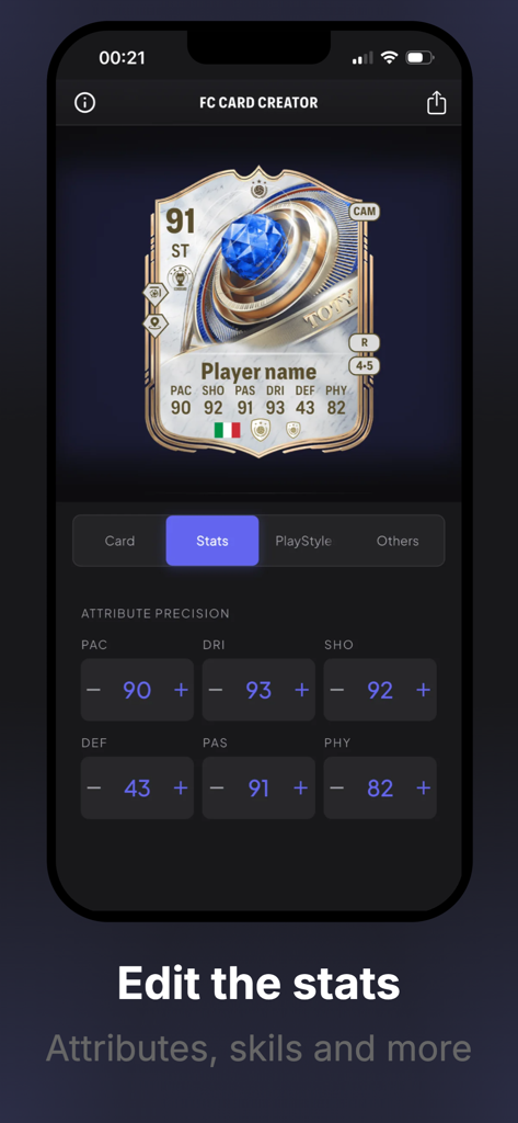 FC Ultimate Card Creator - Interface of the FC Ultimate Card Creator app showing the screen to edit player attributes and stats