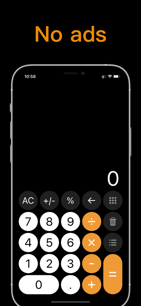Ad-free calculator app interface on iPhone with dark mode and orange action buttons