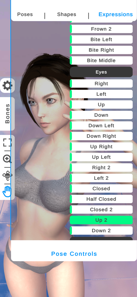 Ultimate Poser 3D Model Poses - Interface of the Ultimate Poser app showing facial expression and eye movement controls for a 3D female model