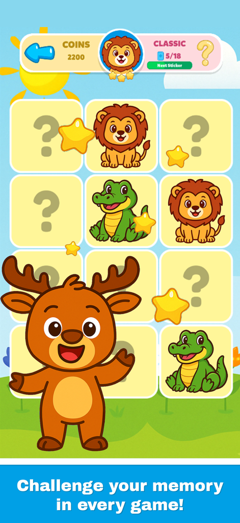 Animal matching cards and a cartoon moose in MemoKids memory game for toddlers
