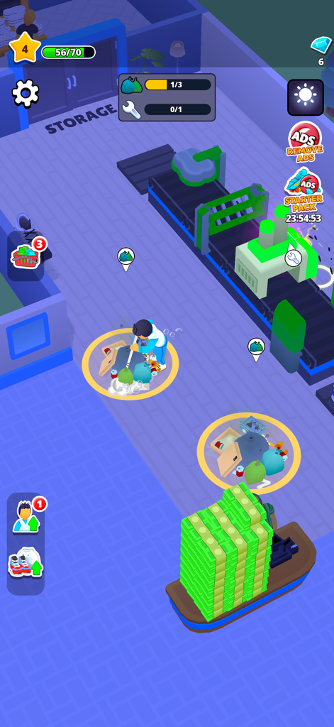 A top down view of a fashion factory with a character collecting materials and a large stack of money