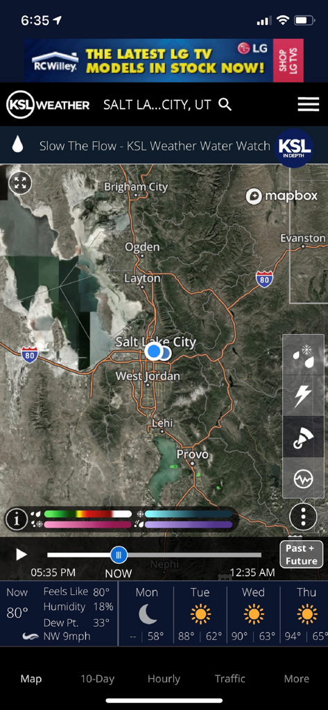 KSL Weather app screenshot featuring a detailed map of Salt Lake City and local weather forecast data