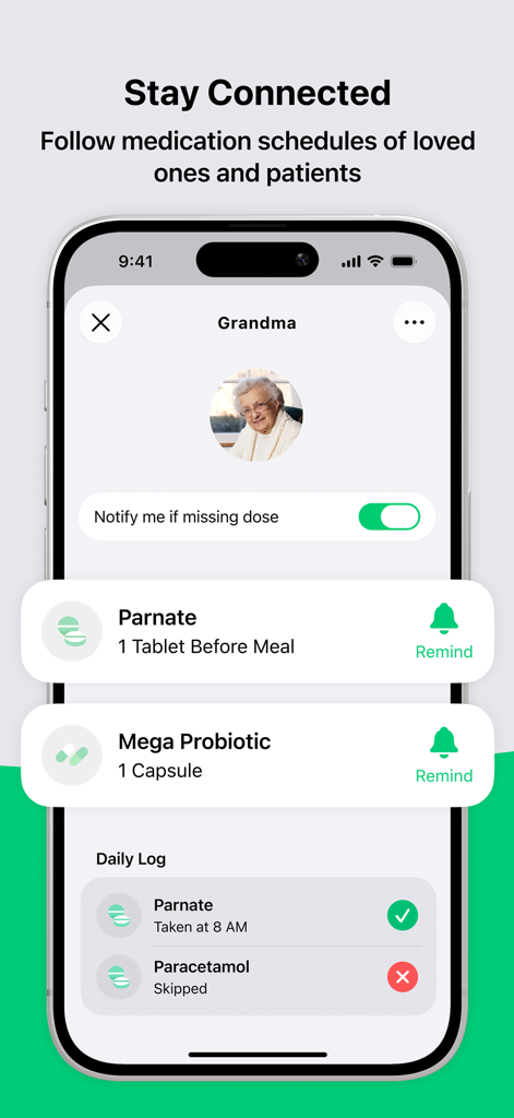 Pill Reminder for Family - Captura de tela do aplicativo Pill Plan mostrando o cronograma de medicação de um membro da família e alertas de dose perdida
