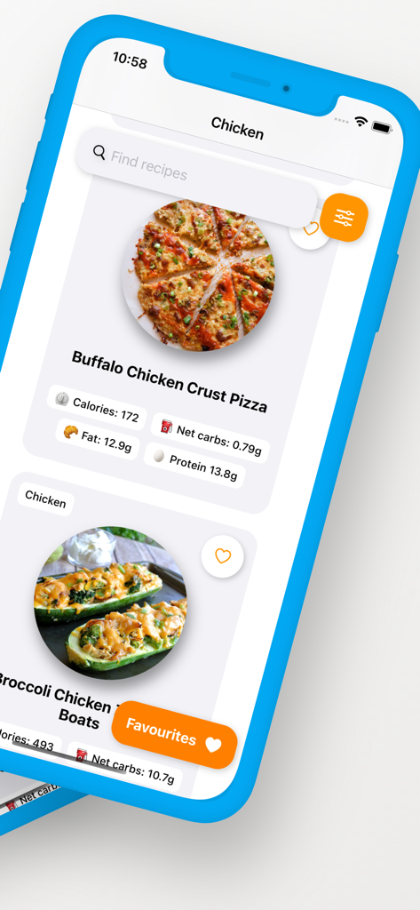 Keto Diet Recipes - Keto Diet Recipes app showing chicken recipes with calorie and net carb counts