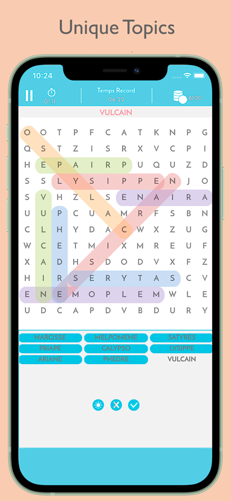 Word Search Puzzle· - Juego de Búsqueda de Palabras que presenta resaltados coloridos y temas mitológicos únicos en una pantalla de móvil.