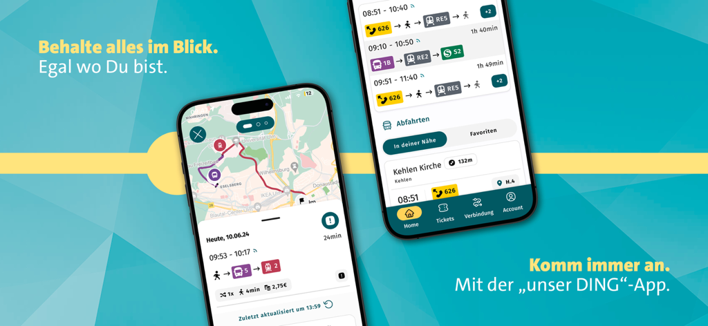 unser-DING - Two smartphones displaying the map and trip planning features of the unser-DING transit app