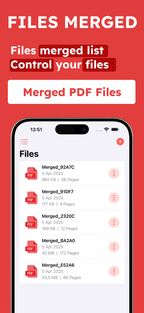 Combine & Merge PDF Converter - Eine Liste kürzlich zusammengeführter PDF-Dokumente, die auf einem iPhone innerhalb der Combine and Merge PDF-App angezeigt werden.