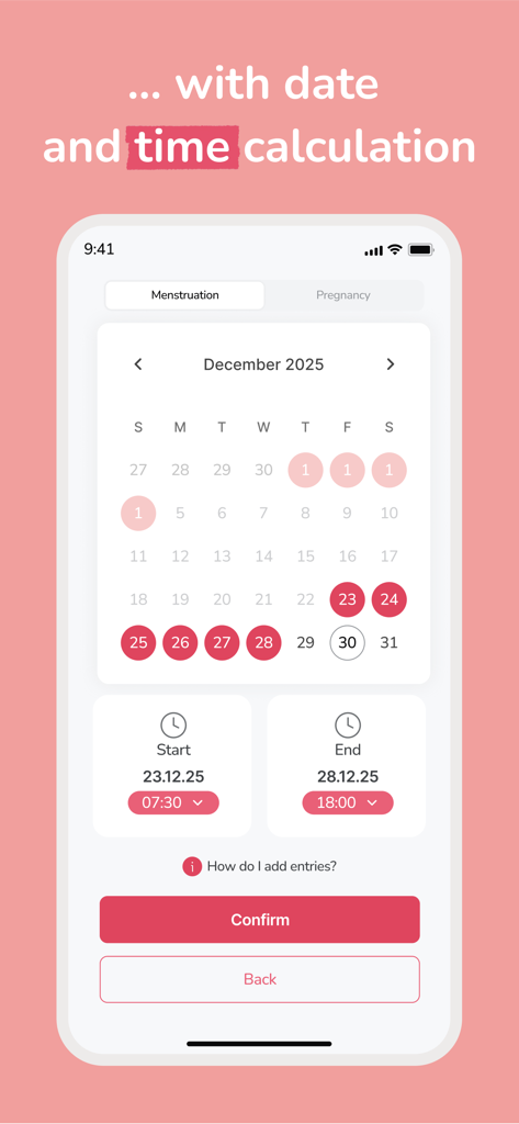 A screenshot of the Waliya app showing a menstrual cycle calendar with start and end time tracking options.