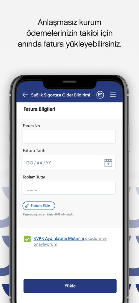 Eureko Sigorta mobile app screen showing the health insurance invoice upload form for expense reimbursement.