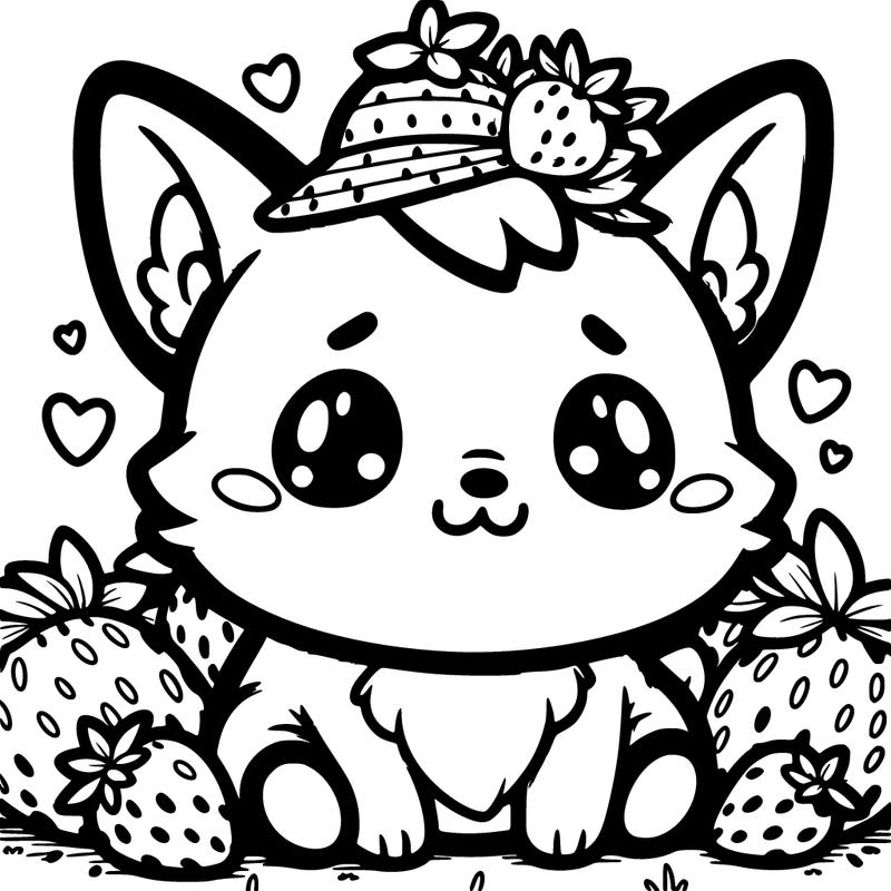 cute korgi with strawberry hat and strawberries around the korgi