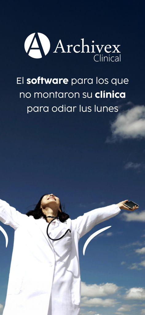 A happy female healthcare professional in a white lab coat with open arms and a smartphone against a blue sky, symbolizing clinical management freedom.