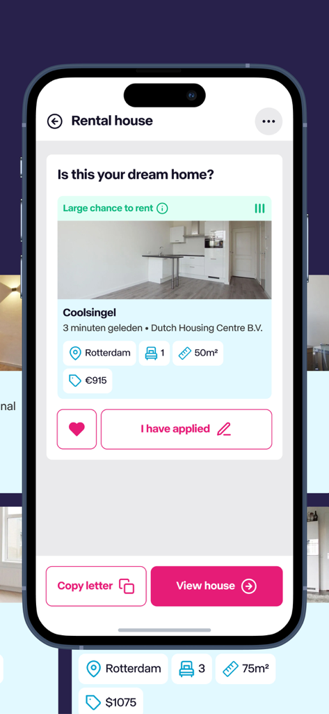 Rentbird - Find rental houses - Rentbird app interface showing a rental house listing with application tools