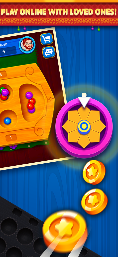 Mancala Online mobile game interface showing online play options with colorful pebbles and reward coins