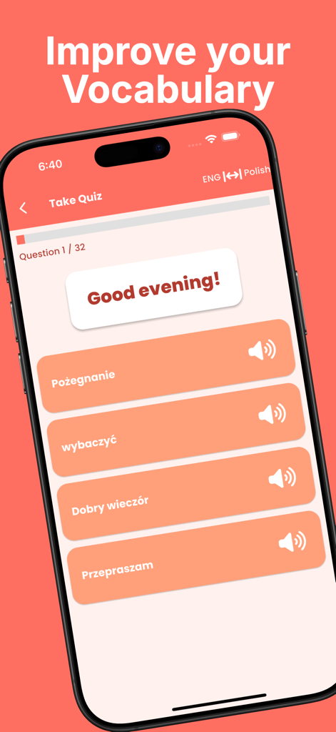 Learn Polish For Beginners - A smartphone displaying a Polish language vocabulary quiz where the user must translate the phrase Good evening
