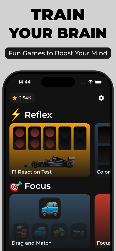 Interfaz de la aplicación Reflex Test and Reaction Time con prueba de reacción de F1 y juegos de entrenamiento cerebral