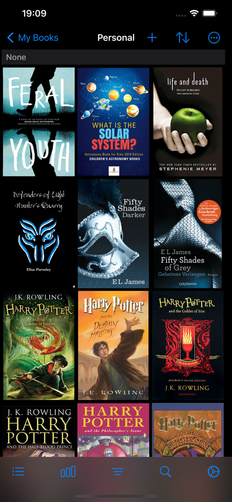 A grid view of the BookBuddy app interface showing a collection of personal books including Harry Potter titles.