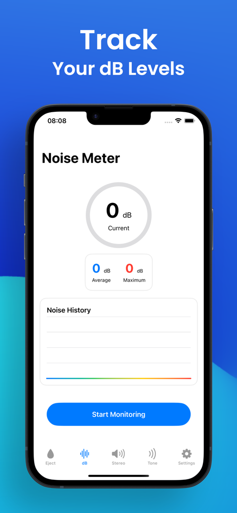 Clear Wave - Sonic Water Eject - Interface of the Clear Wave app showing a noise meter to track sound decibel levels with average and maximum readings.