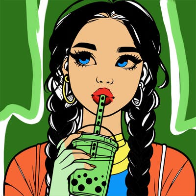 realistic girl with braided hair drinking boba