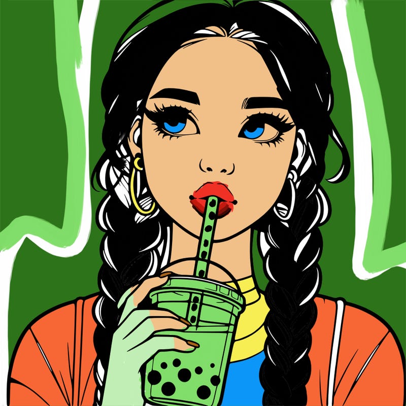 realistic girl with braided hair drinking boba
