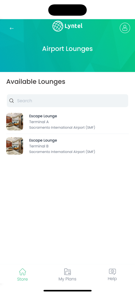 Lyntel eSIM - Available airport lounges search and list in the Lyntel eSIM app