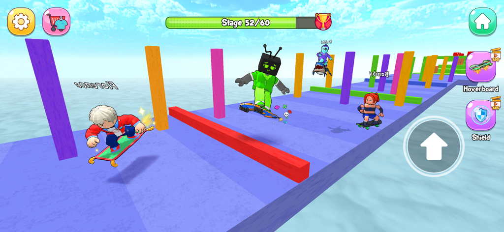Characters on hoverboards navigating colorful obstacles in Jump Full Modes gameplay