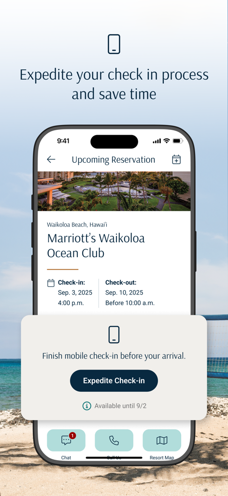 Marriott Vacation Club - 今後のリゾート予約とモバイルチェックイン機能を示すMarriott Vacation Clubアプリのインターフェース。