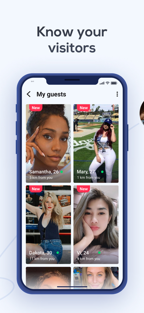 Dating and Chat - Sweet Meet - Interfaccia dell'app Sweet Meet che mostra una griglia di visitatori del profilo con informazioni su nome, età e distanza
