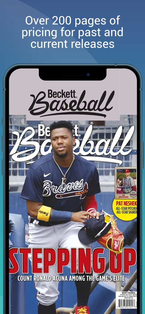 Beckett Baseball App-Oberfläche, die ein digitales Magazincover und Informationen zum Preisleitfaden anzeigt