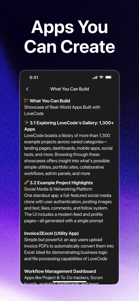 LoveCode Dev AI Guide - A mobile screenshot showcasing various types of apps users can create with AI including social media and utility tools