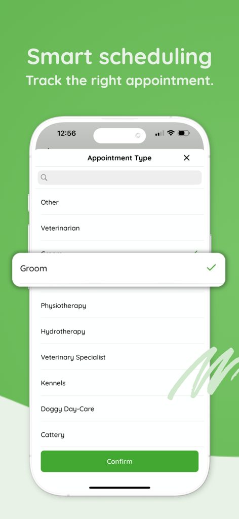 That Pet App - Health Tracker - Um smartphone exibindo a tela de seleção de tipo de consulta no That Pet App, incluindo opções para veterinário e tosa