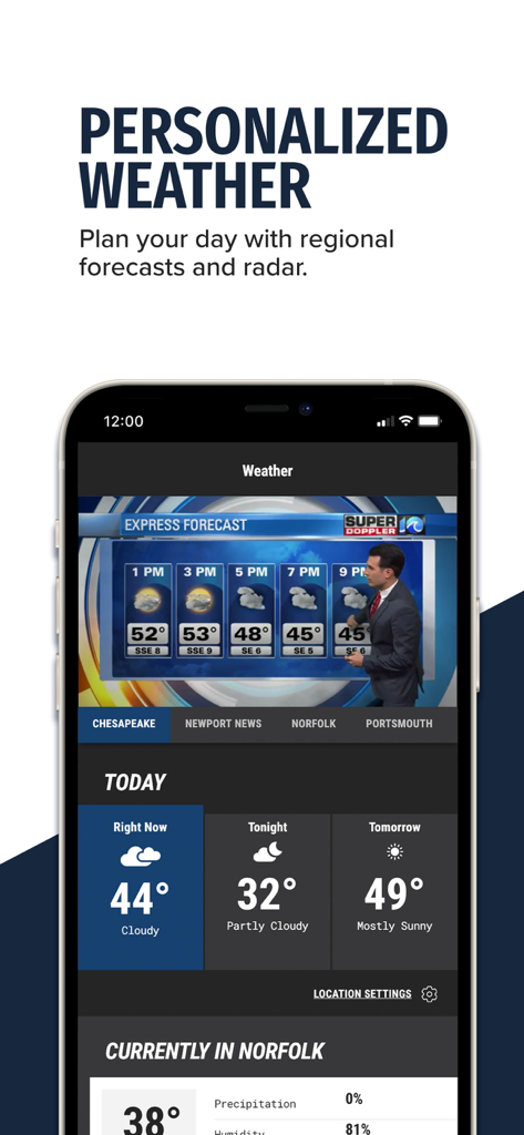 WAVY TV 10 app screen displaying local weather forecasts and regional radar for Norfolk Virginia area