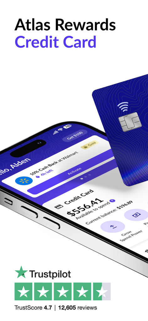 Atlas - Rewards Credit Card - Dashboard dell'app mobile della carta di credito a premi Atlas e carta fisica con valutazione di Trustpilot