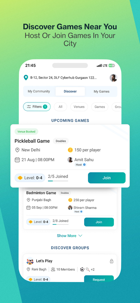 Hudle: Find Sports Activities - Schermata dell'app Hudle che mostra le prossime partite locali di pickleball e badminton con opzioni per partecipare