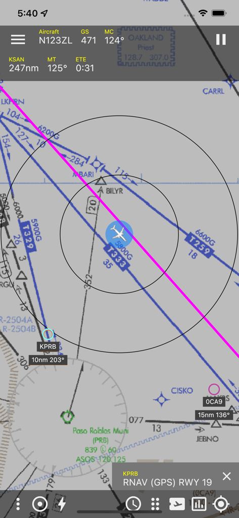 ZuluLog Pilot Logbook and EFB - ZuluLog EFB app interface showing a moving map with aircraft position navigation waypoints and flight data