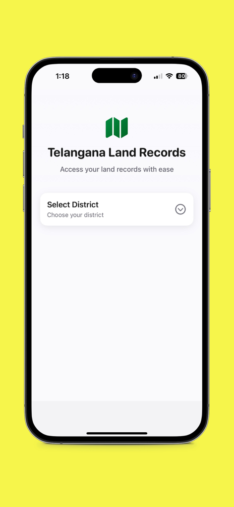 Telangana Land Records mobile app screen with a district selection dropdown