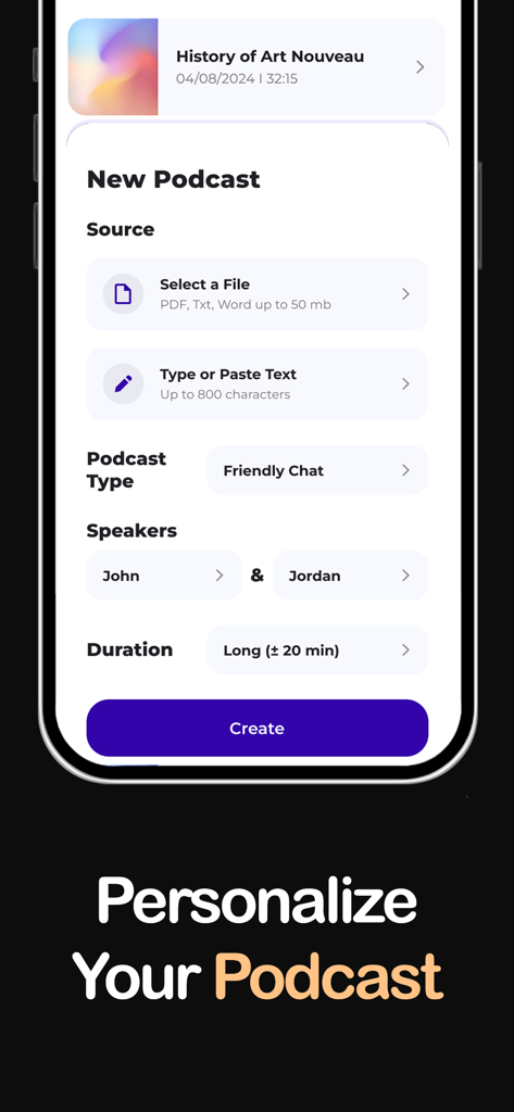 PodGenie:AI Podcast Generator - Interface of the PodGenie AI Podcast Generator app showing options to personalize podcast sources, speakers, and duration.