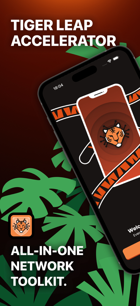 Tiger Leap Accelerator - Tiger Leap Accelerator 모바일 앱 인터페이스, 호랑이 브랜딩과 열대 잎이 있는 올인원 네트워크 툴킷 표시
