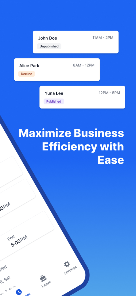 Captura de tela de um aplicativo de agendamento de funcionários mostrando turnos de trabalhadores com rótulos de status e slogan de eficiência empresarial