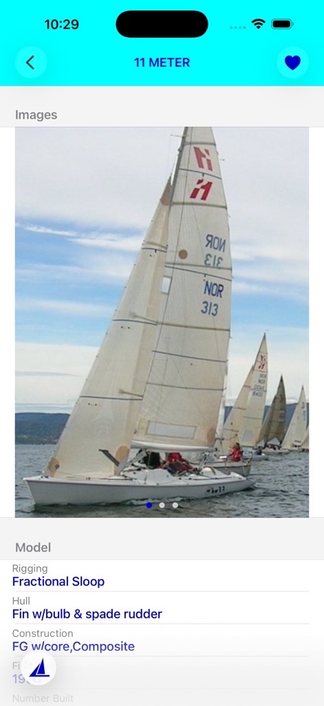 SailboatData - Mobile app screen showing photo and technical specifications for an 11 Meter fractional sloop sailboat