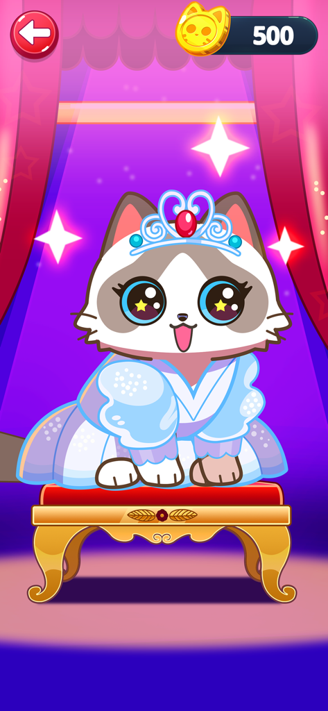 Chat mignon de dessin animé portant une robe bleue et un diadème de princesse