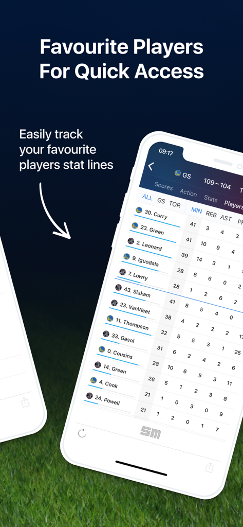 분, 리바운드, 어시스트를 포함한 라이브 게임 통계가 있는 NBA 선수 목록을 보여주는 모바일 앱 화면