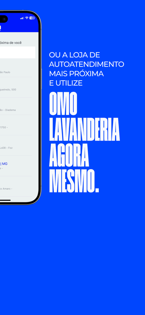 OMO Lavanderia - iPhone mit der OMO Lavanderia App und einer Liste von nahegelegenen Selbstbedienungs-Waschsalons