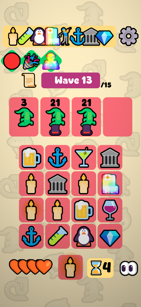 Merge Maestro - Gameplay screenshot of Merge Maestro featuring emoji-based tokens and wave progression