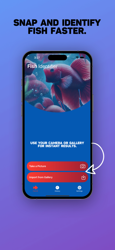Fish Identifier & Finder - Interface principal do aplicativo Fish Identifier mostrando opções para identificar peixes usando a câmera ou a galeria.