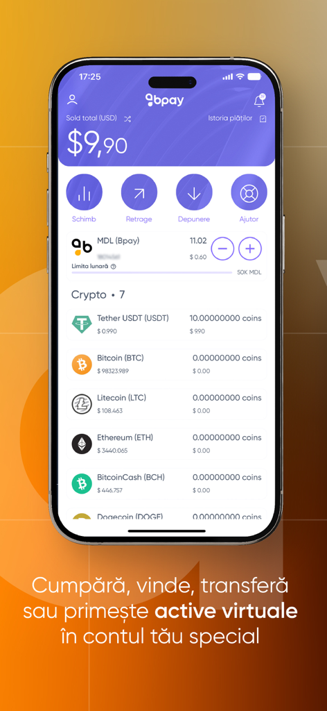 Interface do aplicativo móvel BPay para gerenciar criptomoedas e ativos virtuais