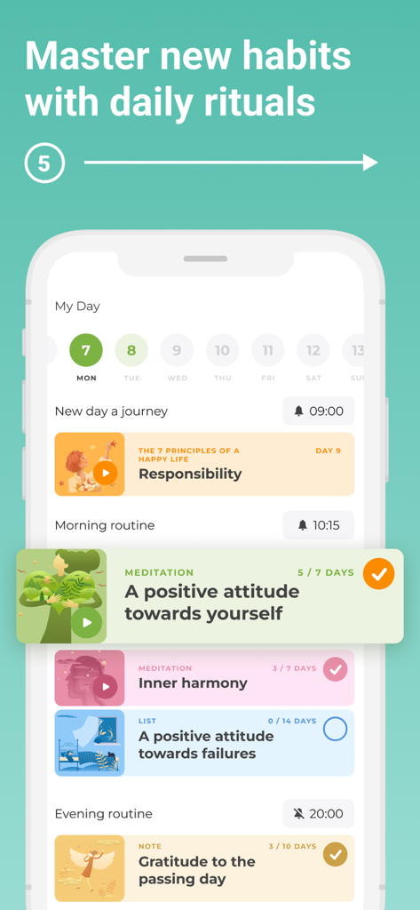 UpLife: CBT Therapy, Self-Care - UpLife app screen displaying a daily schedule for habit tracking and mental health rituals