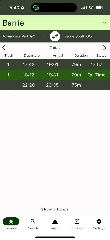 Interface do aplicativo Go Rider exibindo horários de trens da linha Barrie com horários de partida e status